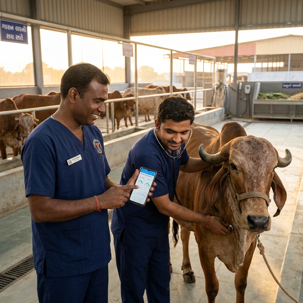 Dr. Tirthraj and Dr. Hardik examining a Gir cow at a Gujarat dairy farm
